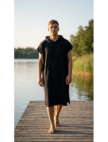 Pánske vafľové pončo Saimaa s kapucňou Black Beauty