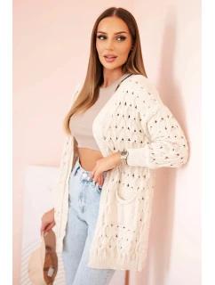 Dámsky sveter s vreckami čipka béžová