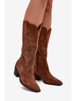 Zamszowe Kozaki Kowbojki Damskie Na Obcasie Camel Karira