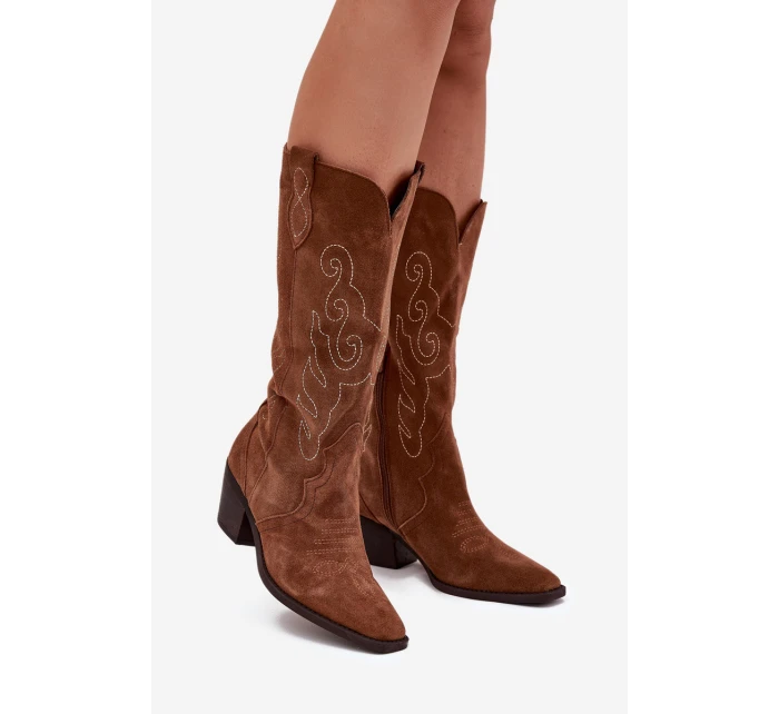 Zamszowe Kozaki Kowbojki Damskie Na Obcasie Camel Karira