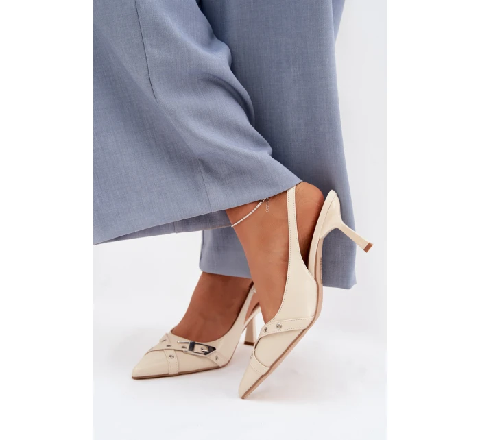 Dámské sandály na podpatku s pásky a sponou Béžové model 22027829 - Boto