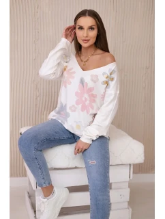 Svetrová blúzka s farebnými kvetmi ružová+sivá
