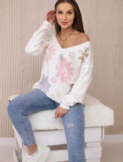 Svetrová blúzka s farebnými kvetmi ružová+sivá
