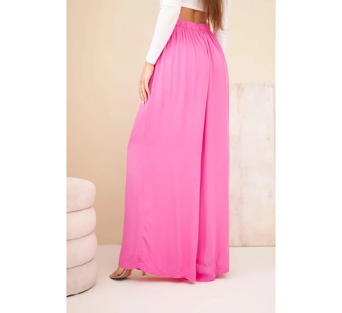 Dámské široké viskózové kalhoty s gumou v pase růžové