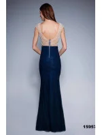 Dámske spoločenské šaty šoky soka s perličkami a čipkou dlhé tmavo modré - Tmavo modrá / XL - šoky & soka