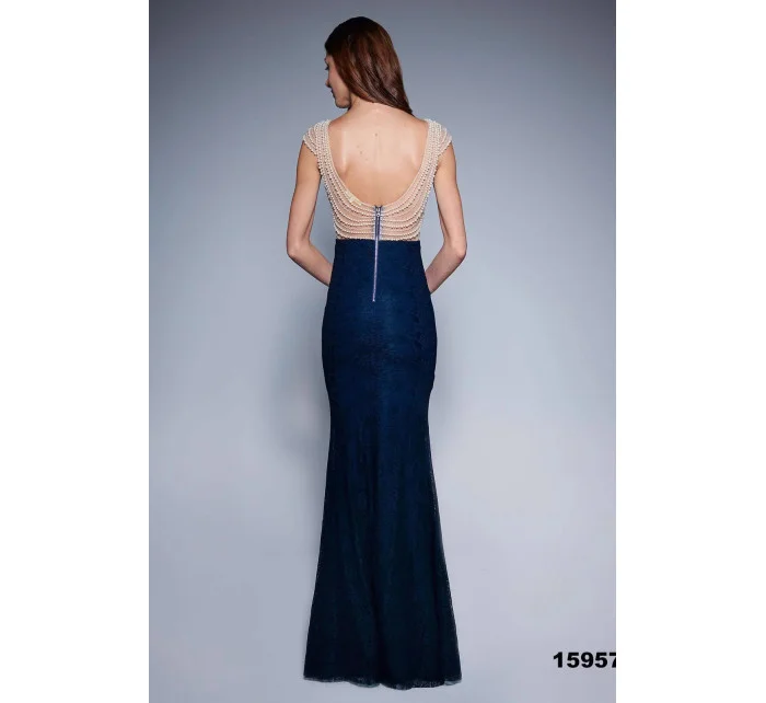 Dámske spoločenské šaty šoky soka s perličkami a čipkou dlhé tmavo modré - Tmavo modrá / XL - šoky & soka