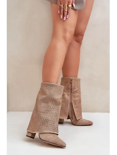 Zdobione Błyszczące Botki Z Wywiniętą Cholewką Na Słupku Ocieplane Beżowe Xistaria