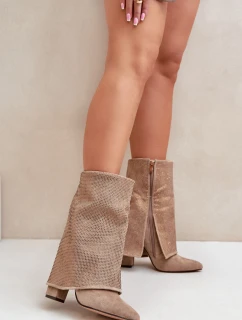 Zdobione Błyszczące Botki Z Wywiniętą Cholewką Na Słupku Ocieplane Beżowe Xistaria