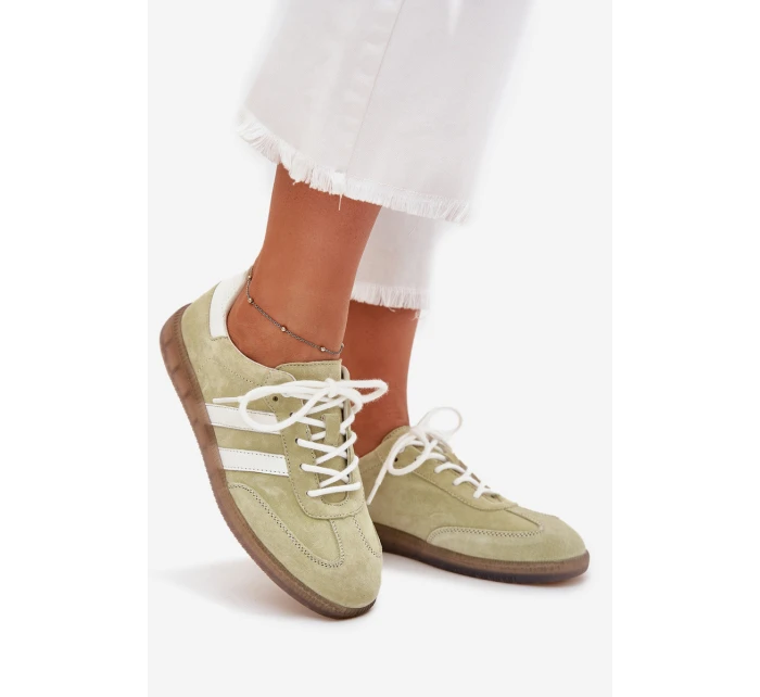 Niskie Skórzane Sneakersy Damskie Limonkowe Ismina