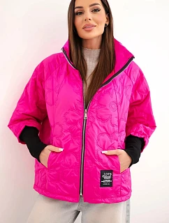 Dámska jarná prešívaná bunda s ozdobným vzorom a zipsom ružová neónová