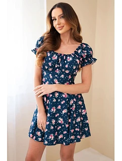 Dámske šaty s kvetinovým vzorom s volánovými rukávmi a elastickým pásom tmavomodré