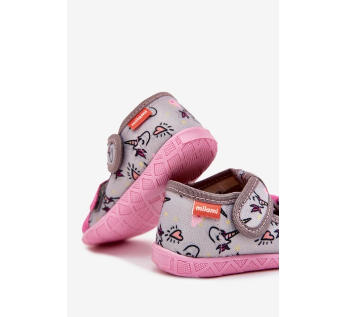 Kapcie Milami Dziecięce Na Rzepy W Jednorożce Szaro-Różowe Reathiana Kapcie Milami Dziecięce Na Rzepy W Jednorożce Szaro-Różowe Reathiana