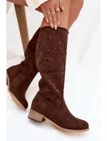 Dámske perforované čižmy na podpätku Helinna - chocolate