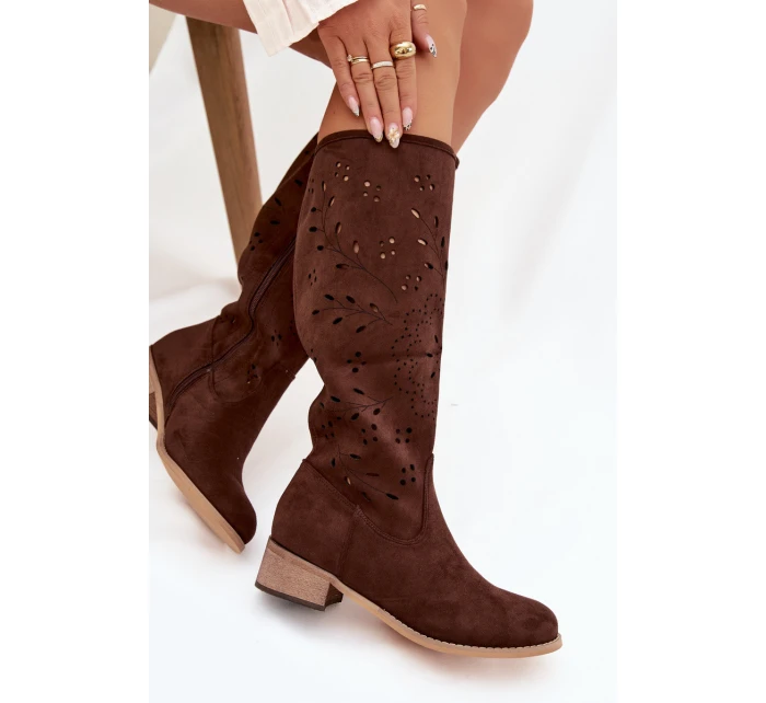 Dámske perforované čižmy na podpätku Helinna - chocolate