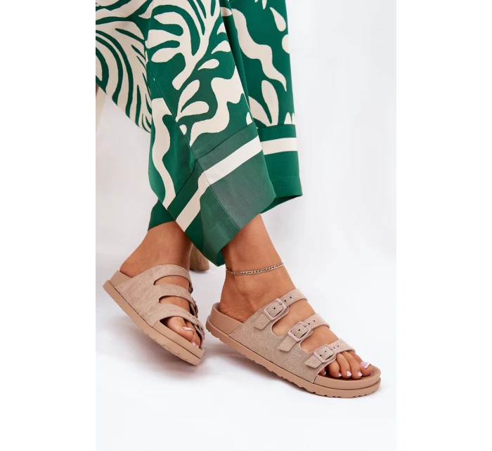 Klapki Damskie Z Paskami I Klamrami Beżowe Uliri