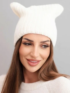 Dámska zimná vlnená čiapka v mačacom strihu z rebrovanej pleteniny K419 ecru