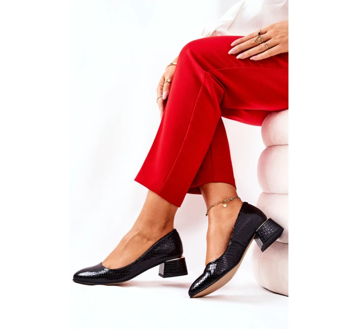 Skórzane Wężowe Czółenka Lewski 3118 Czarne