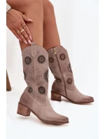 Zamszowe Skórzane Kozaki Damskie Z Ażurowym Wzorem Zazoo 3852 Cappuccino