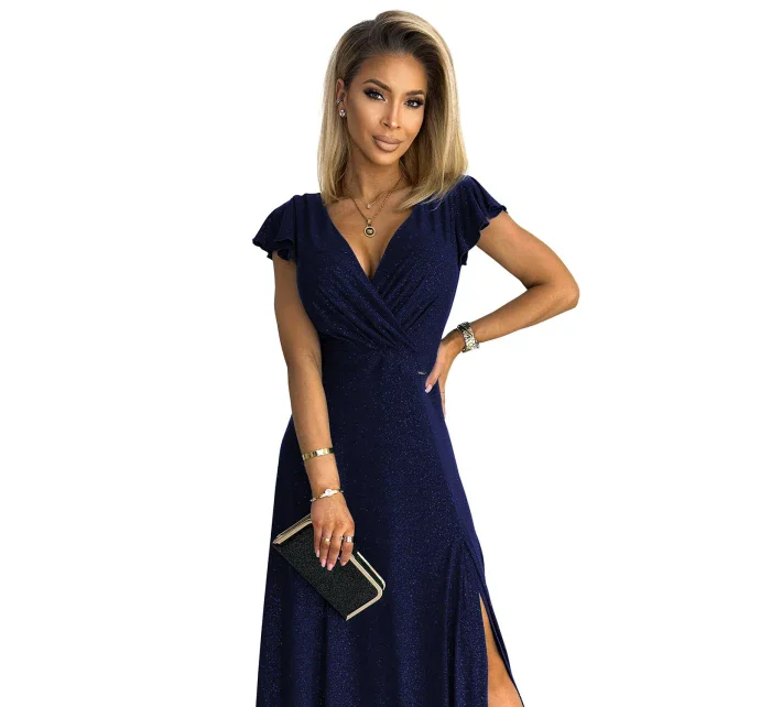 CRYSTAL Tmavě modré lesklé dlouhé dámské šaty s výstřihem model 18266603 - numoco CRYSTAL Tmavě modré lesklé dlouhé dámské šaty s výstřihem model 18266603 - numoco