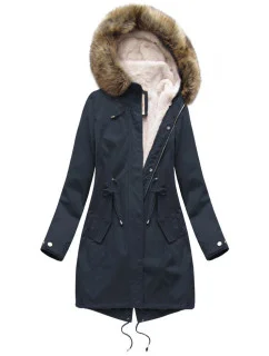 Tmavě modrá dámská zimní bunda parka s kapucí a odepínací kožešinovou podšívkou model 21242084 - Libland