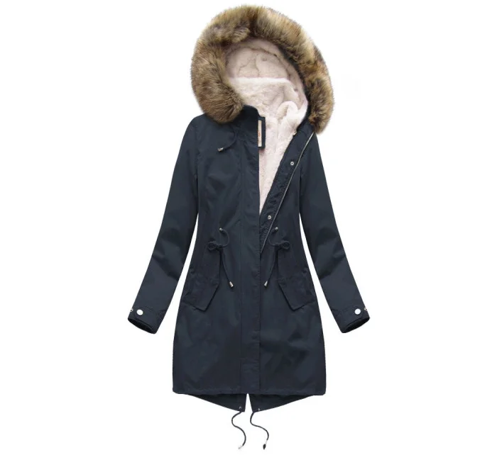Tmavě modrá dámská zimní bunda parka s kapucí a odepínací kožešinovou podšívkou model 21242084 - Libland