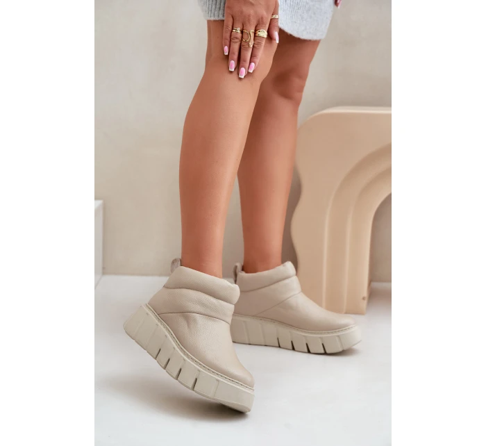 Zazoo 60470 Skórzane Botki Ocieplane Wełną Na Platformie Jasnobeżowe