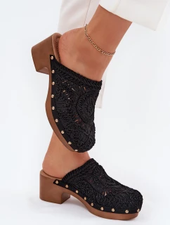 Szydełkowe Klapki Damskie Na Obcasie Czarne Senevia