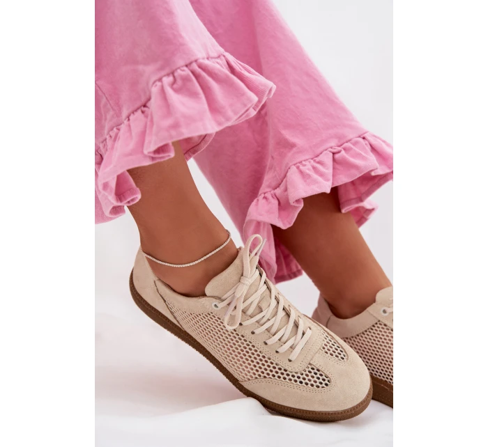 Kožené semišové dámské tenisky s síťovinou model 22027653 Béžové - Zazoo