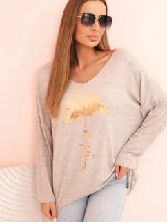 Dámska viskózna blúzka s dlhými rukávmi a zlatou kvetinovou potlačou béžovej farby