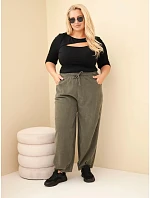 Dámské kalhoty bavlněné Plus Size manšestrové s gumou v pase a kapsami khaki
