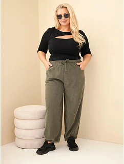 Dámské kalhoty bavlněné Plus Size manšestrové s gumou v pase a kapsami khaki