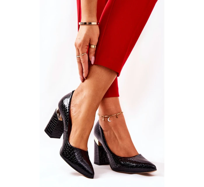 Skórzane Czółenka Lewski Wężowe 3117 Czarne