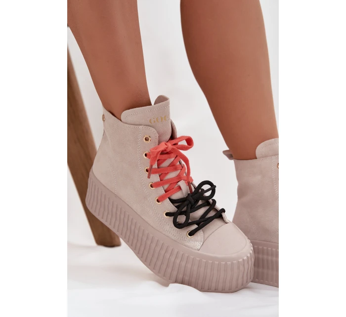 Zamszowe Ocieplane Trampki Damskie Na Masywnej Platformie GOE SS2N4047 Beżowe
