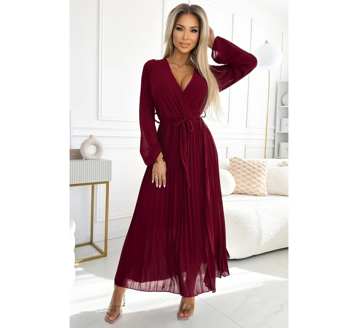 537-1 Plisované šifónové šaty s výstrihom, dlhými rukávmi a viazaným opaskom - Bordeaux 537-1 Plisované šifónové šaty s výstrihom, dlhými rukávmi a viazaným opaskom - Bordeaux