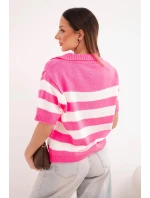 Dámský pruhovaný svetr s límečkem a krátkým rukávem neonově růžový