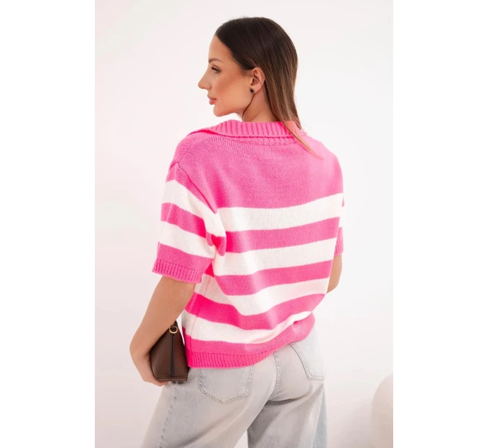 Dámský pruhovaný svetr s límečkem a krátkým rukávem neonově růžový