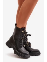 Eko Skórzane Botki Workery Damskie Z Przypinkami Czarne Rianael Eko Skórzane Botki Workery Damskie Z Przypinkami Czarne Rianael