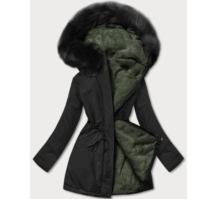 Dámska teplá zimná bunda obojstranná čierna/khaki (w610)