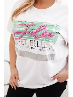 Dámská halenka Plus Size s flitrovým nápisem bílá + zelená