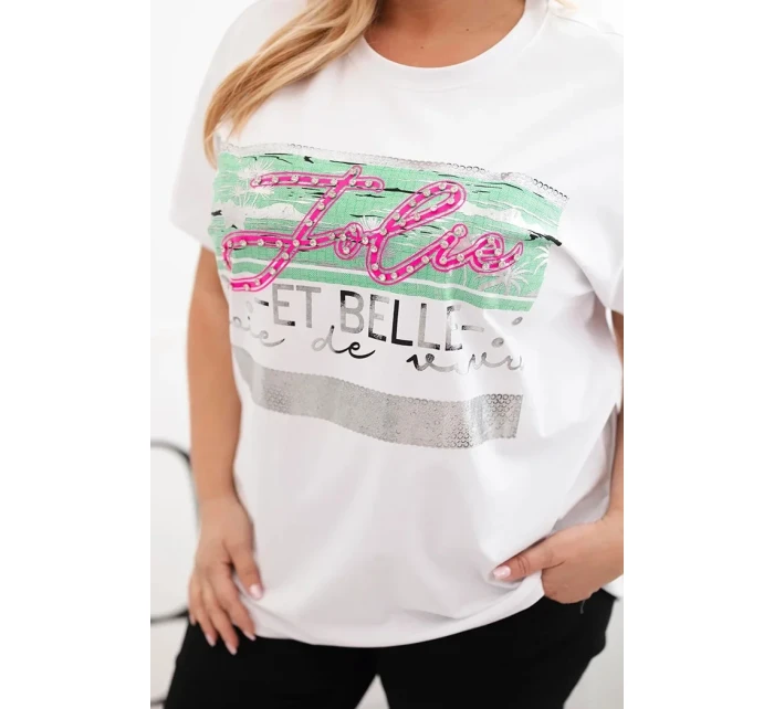 Dámská halenka Plus Size s flitrovým nápisem bílá + zelená Dámská halenka Plus Size s flitrovým nápisem bílá + zelená