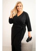 Dámský bavlněný overal Plus Size s vázáním v pase a 3/4 rukávem černý