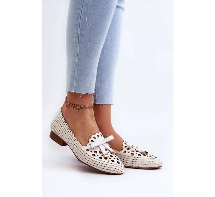 Ażurowe Baleriny Damskie Z Kokardką Białe Nestavia