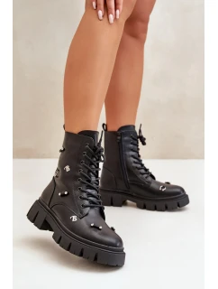 Botki Workery Damskie Z Ozdobami Eko Skórzane Czarne Cadenilla