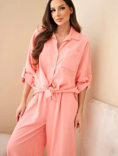 Dámska bavlnená súprava s uzlíkovou košeľou a širokými nohavicami marhuľová