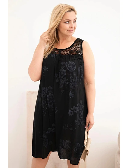 Dámské šaty Plus Size z viskózy s květinovým vzorem a krajkovým vrškem černá
