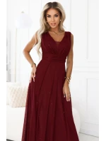 637-1 Dlhé večerné šaty s brokátovým akcentom a hlbokým výstrihom - bordové 637-1 Dlhé večerné šaty s brokátovým akcentom a hlbokým výstrihom - bordové