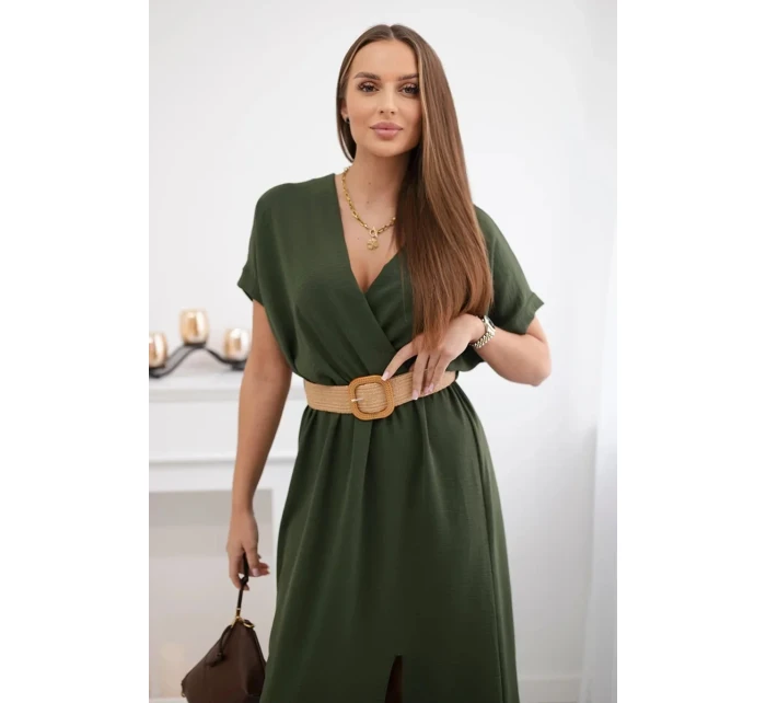 Dlhé šaty s ozdobným opaskom v khaki farbe Dlhé šaty s ozdobným opaskom v khaki farbe