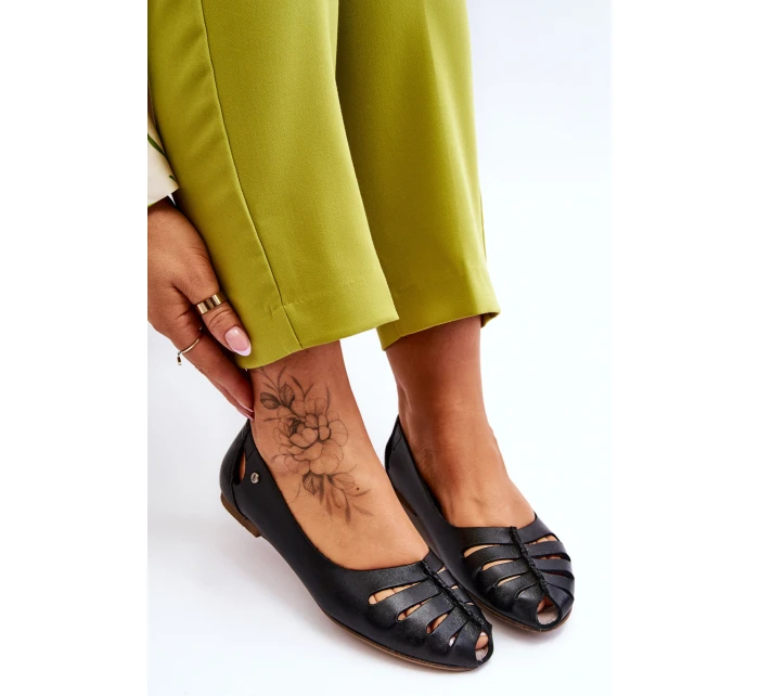 Wygodne Skórzane Baleriny Damskie Czarne Lemar Luka