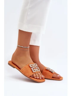 Klapki Damskie Na Płaskim Obcasie Z Ozdobą Pomarańczowe Inaile