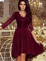 NICOLLE - Dámske šaty vo slivkovej farbe s dlhším zadným dielom a krajkovým výstrihom 210-13